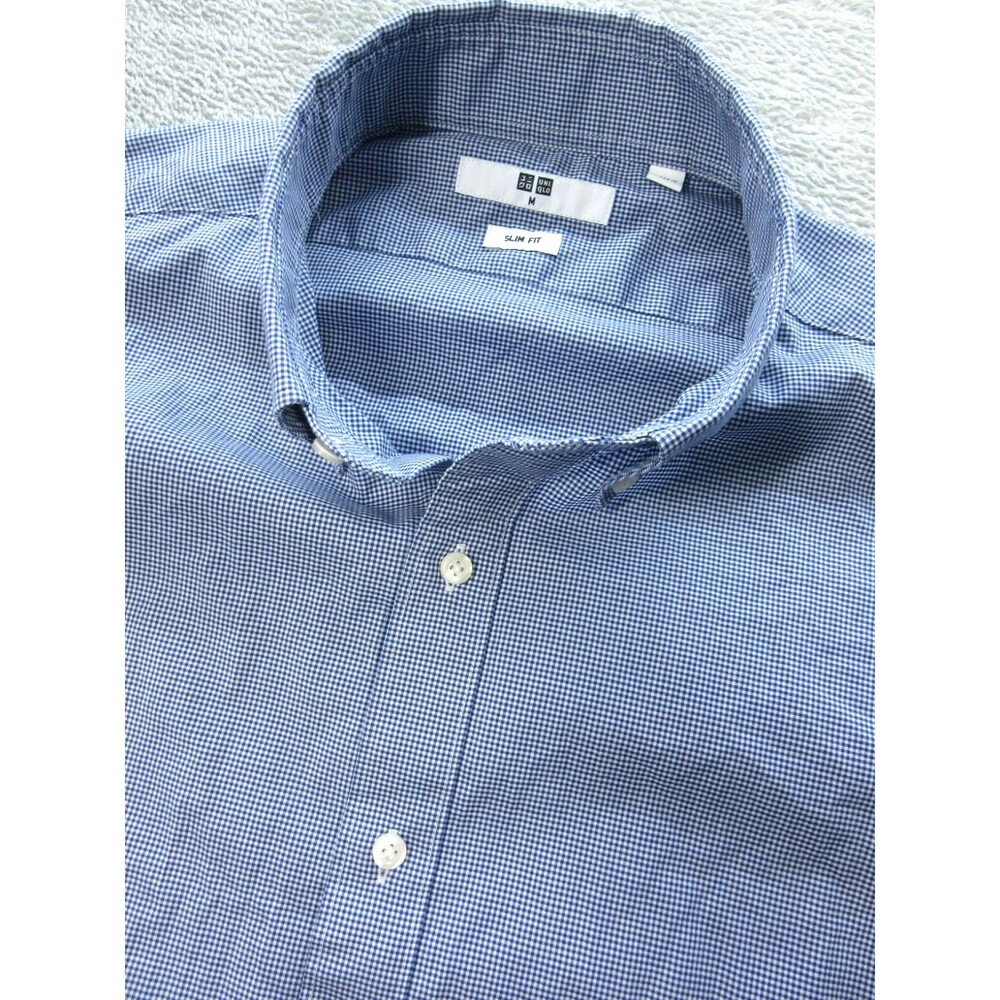 Uniqlo Shirt Men's Medium Check Blue White Button Up Long Sleeve Preppy